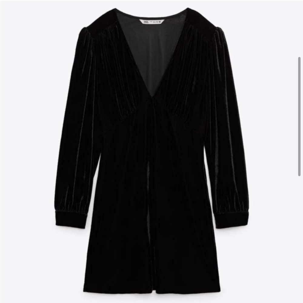 Zara Women Small Black Dress XS Size Velvet V-neck Mini
